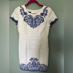 Talbots linen embroidered shift dress white and blue